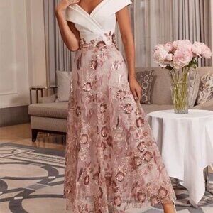 Women's floral, sequined, formal dress for MOB/G, parties, garden gatherings.